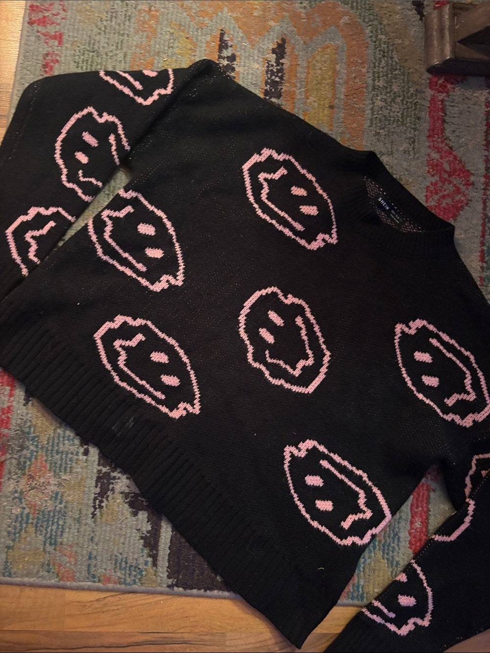 Black Knit Sweater with Pink Smiley Motif